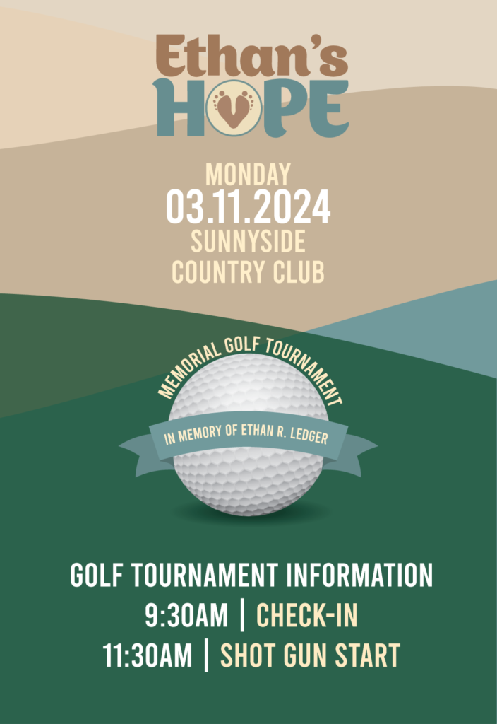 Ethan's Hope Memorial Golf Tournament Poster - Image of the logo and flyer colors with green to tan and blue with an image of a golf ball
